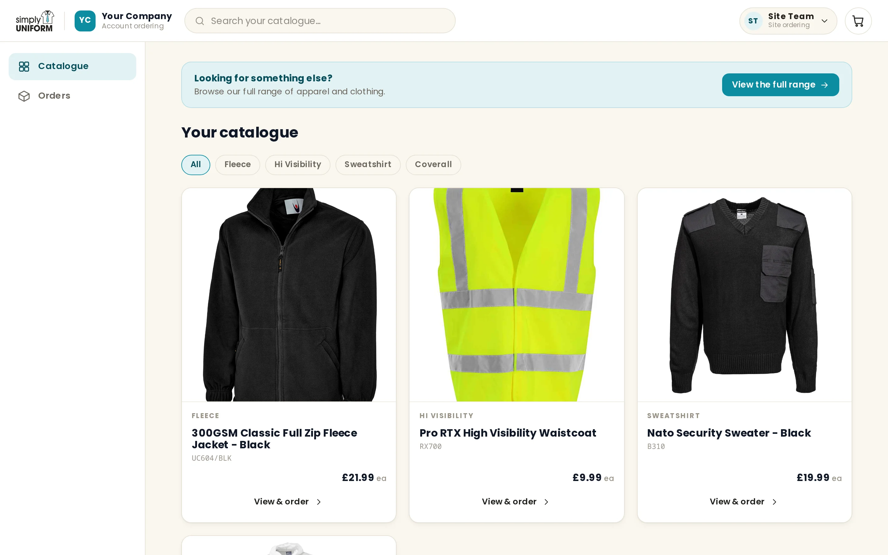 Catalogue showing the products approved for the account, filtered by category